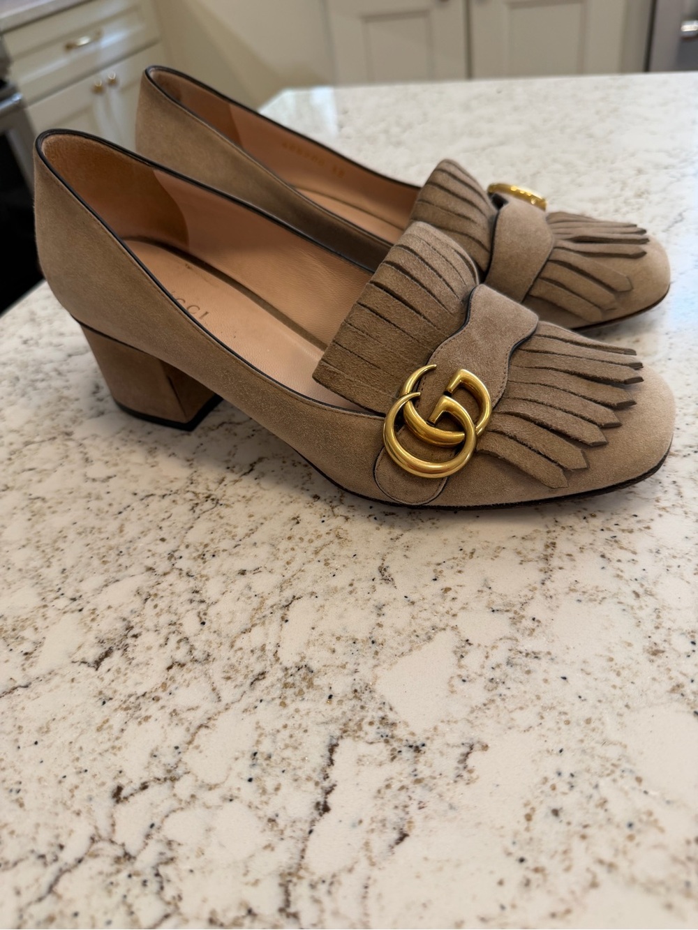 Gucci Marmont Tan Suede Fringe Block Heel Pumps with Gold Double G